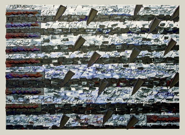 Владимир Опара.  "Как дождь и снег нисходят с неба".  2010 г., х.,м., коллаж, 107 х 150 см.